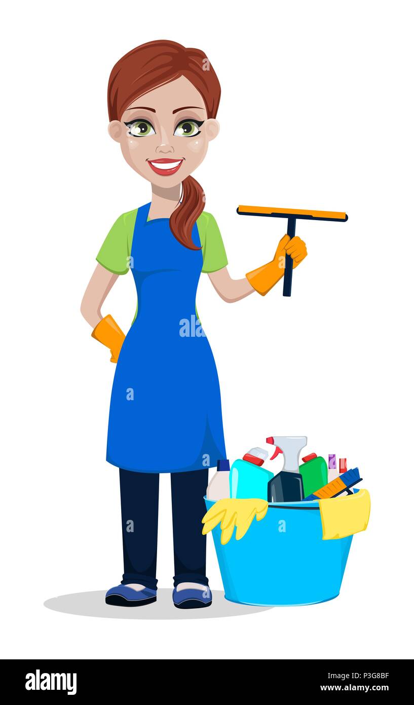 Empresa de Limpieza personal en uniforme. Mujer personaje de dibujos  animados de limpiador con rasqueta y con la cuchara llena de detergentes.  Ilustración vectorial sobre blanco backg Imagen Vector de stock -