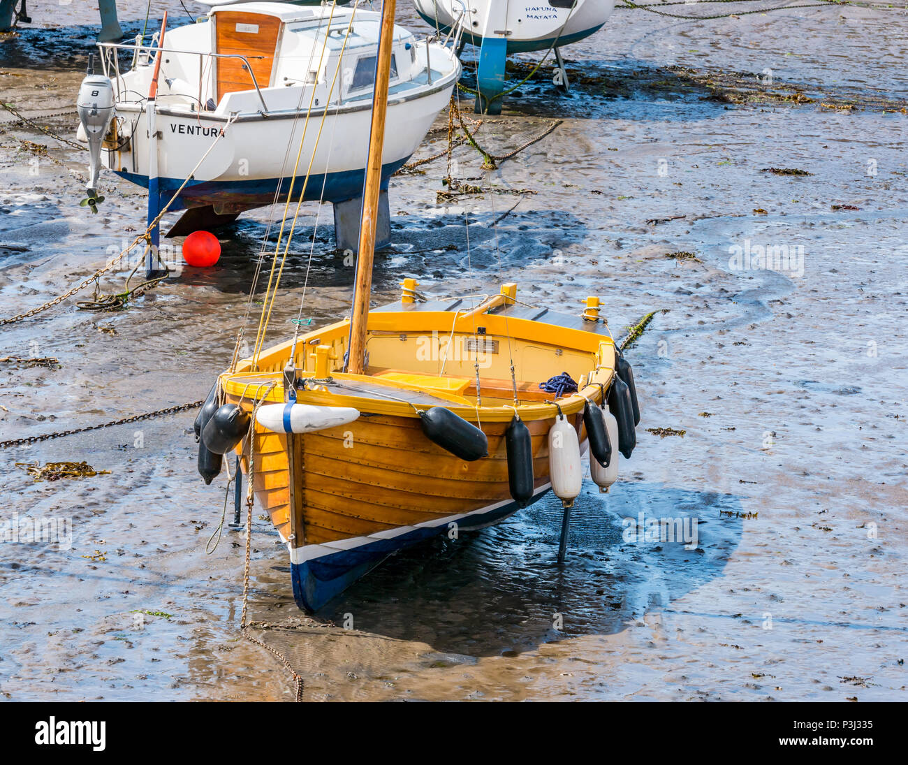 Velero de madera y otros tipos de embarcaciones en el barro durante la marea baja, North Berwick Harbor, East Lothian, Escocia, Reino Unido Foto de stock