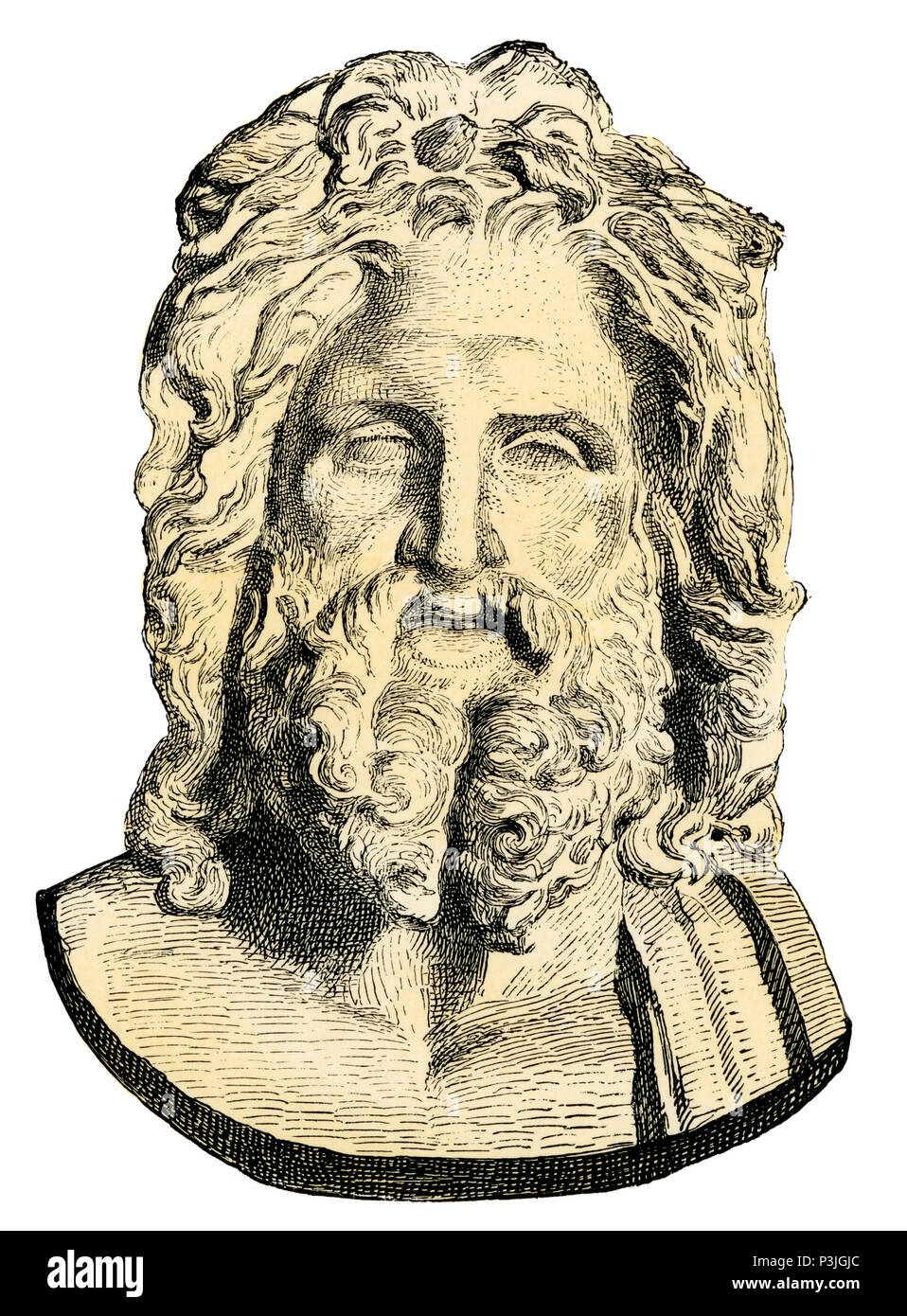Zeus, rey de los antiguos dioses griegos. Xilografía coloreada a mano reproducción de un busto en el Vaticano Foto de stock