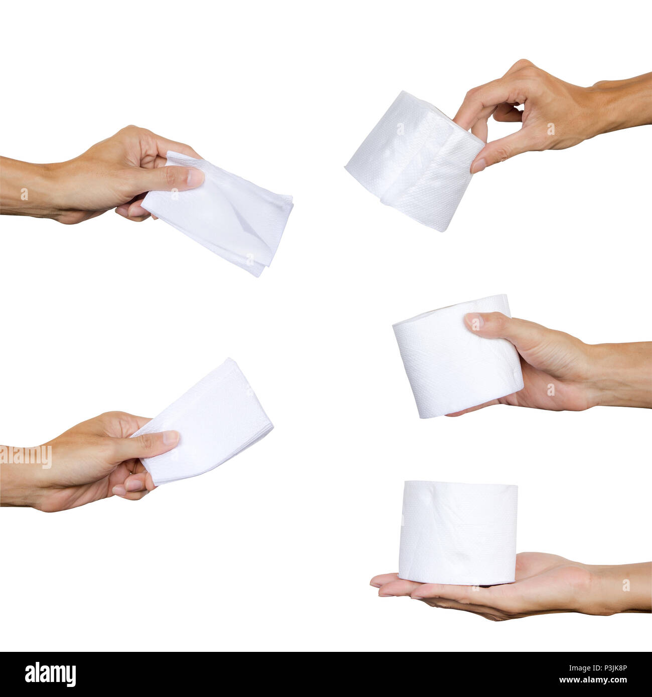 Mano sujetando colección de servilletas o papel higiénico blanco aislado  sobre fondo blanco con trazado de recorte Fotografía de stock - Alamy