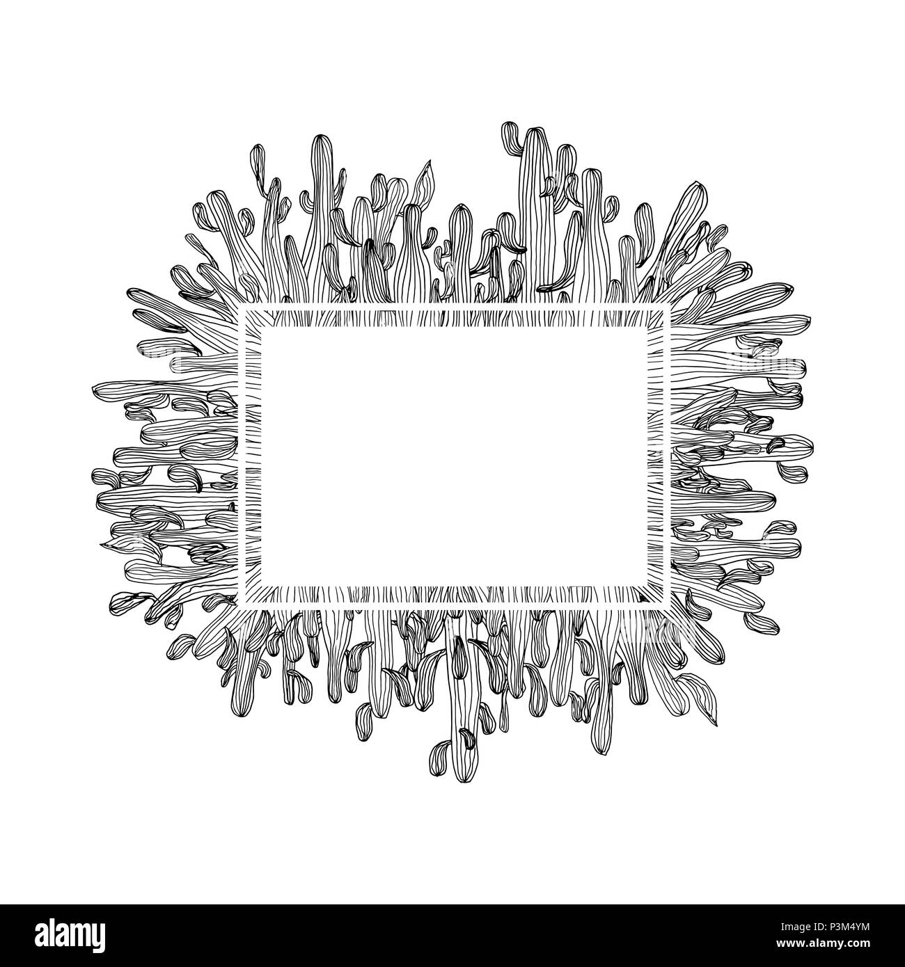 Cactus vectoriales tarjeta de diseño. Ilustración de marco blanco con cacto saguaro en segundo plano. Página de libro para colorear de Cactus anti estrés para adulto Ilustración del Vector