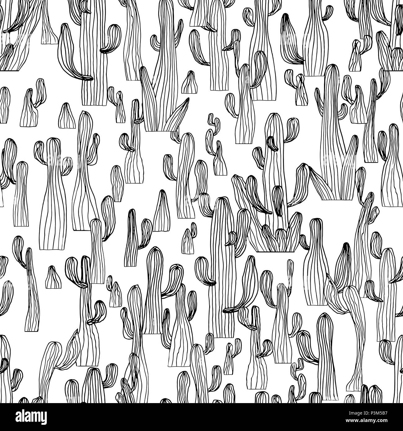 Vector seamless pattern de cactus saguaro cactus. Boceto de fondo de cactus. Página de libro para colorear anti estrés Ilustración del Vector