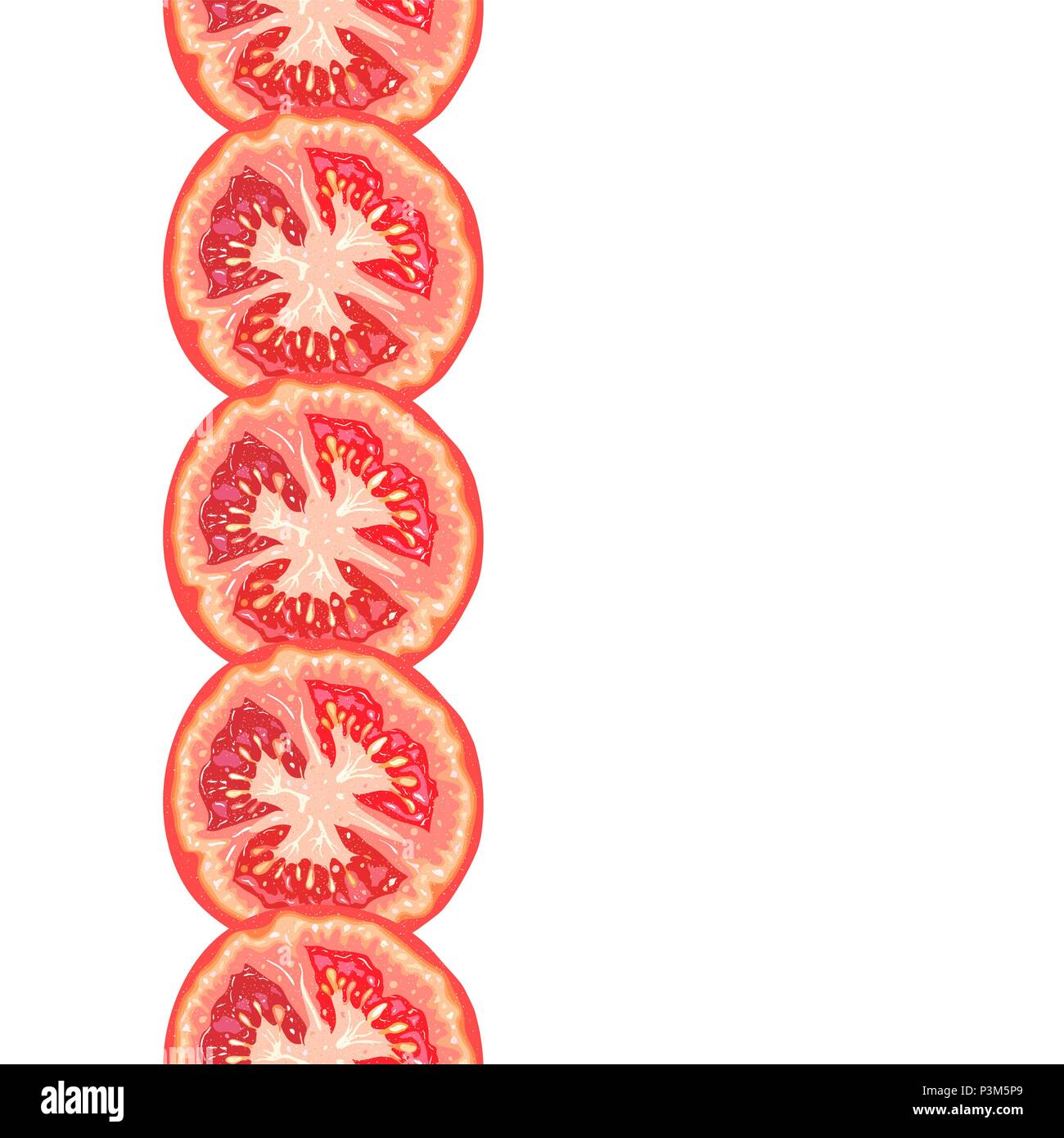 Vector seamless borde decorativo de jugosa rodaja de tomate sobre fondo  blanco Imagen Vector de stock - Alamy