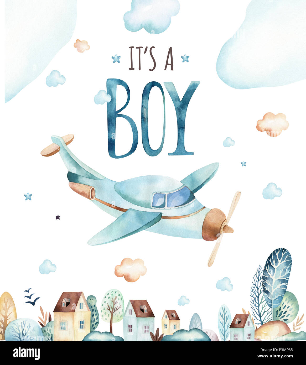 Los bebés varones mundo. Avión de dibujos animados y vagón