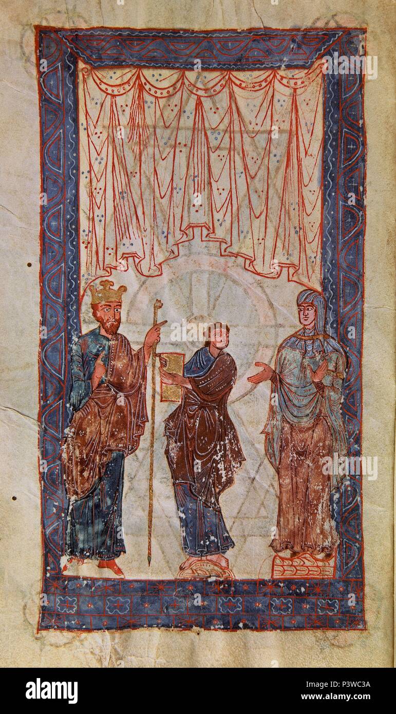 FERNANDO I y Doña Sancha RECIBIENDO DEL COPISTA PEDRO EL LIBRO DE HORAS ENCARGADO POR EL MONARCA-1055-MS R1-F 3 - Miniatura del siglo XI. Autor: Fructuoso (11%). Ubicación: BIBLIOTECA DE LA UNIVERSIDAD DE SANTIAGO DE COMPOSTELA, La Coruña, España. Foto de stock