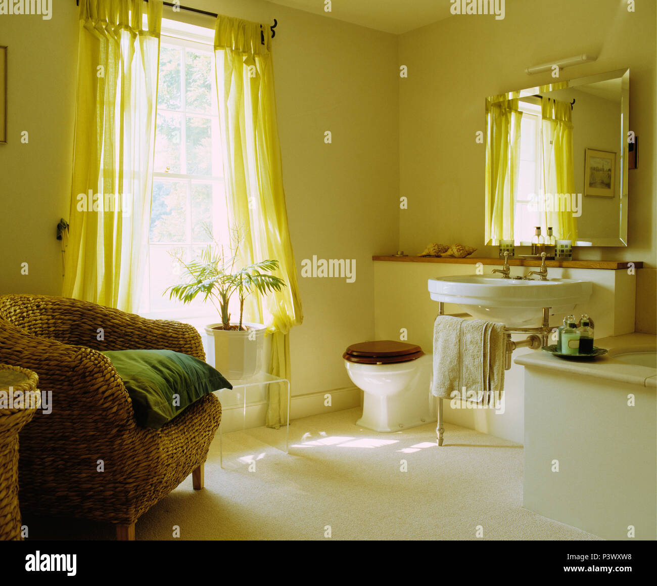 Gran cuarto de baño tradicional con silla de mimbre y cortinas Foto ... Gran cuarto de baño tradicional con silla de mimbre y cortinas Foto ...