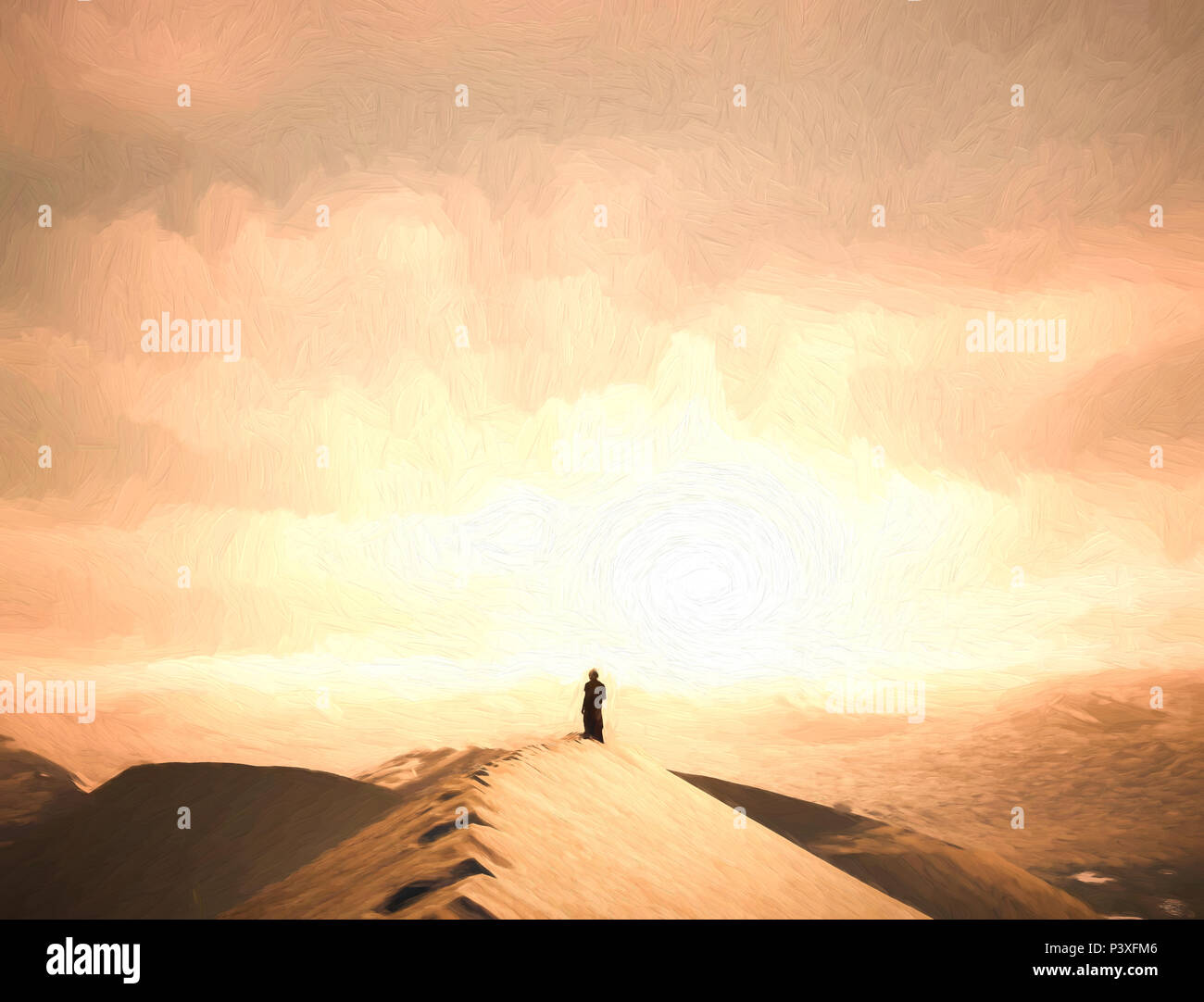 Badain Jaran desierto dunas de arena chica hiker luz de puesta de sol Foto de stock