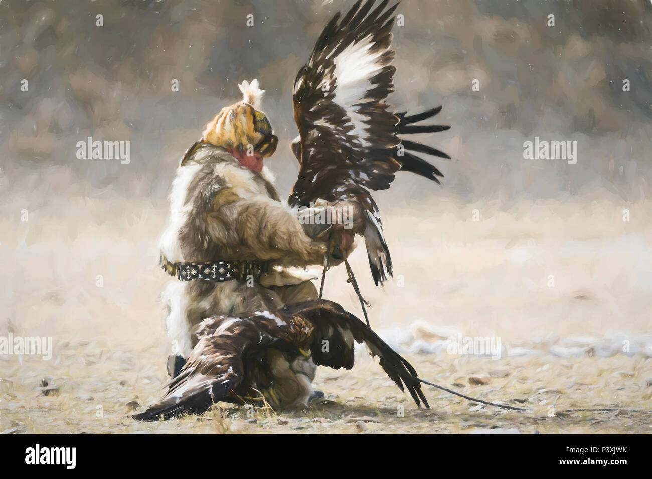 Cazador de águila dorada con dos águilas Foto de stock
