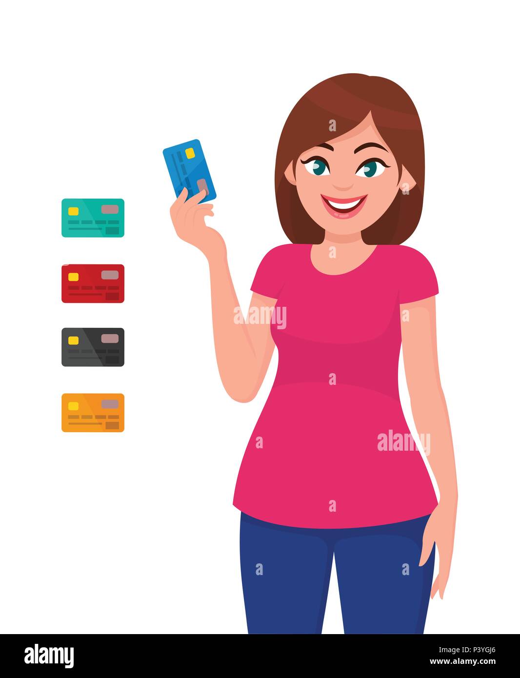 Mujer Joven Celebracion Y Mostrar Carro De Tarjeta De Credito O Debito Concepto Bancario Y De Pagos Varias Tarjetas Bancarias Ilustracion Vectorial En El Estilo De Dibujos Animados Imagen Vector De Stock