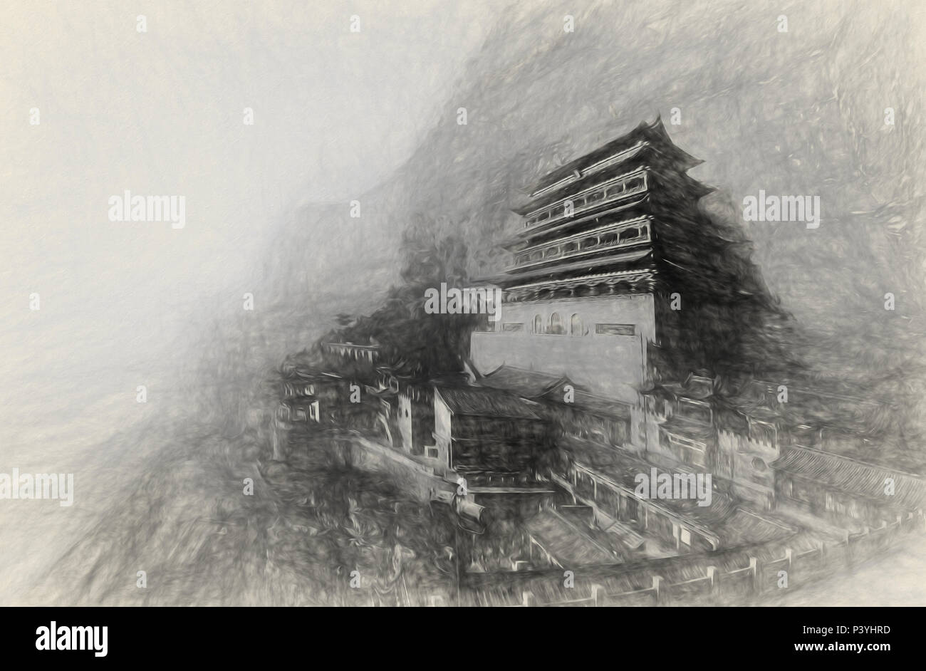 Mianshan antiguo templo gorge dibujo Foto de stock