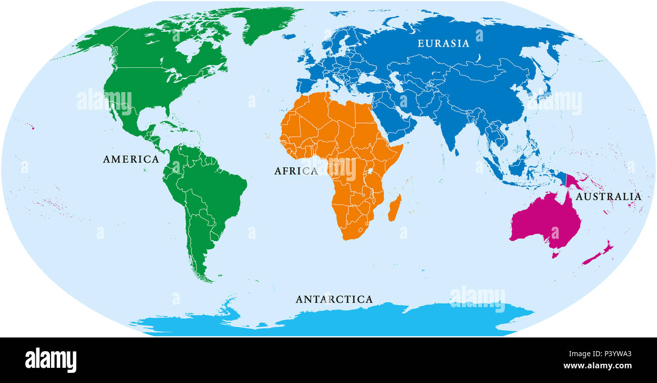 Los cinco continentes, el mapa político mundial. África, América, la Antártida, Australia y Eurasia, con costas y fronteras. Proyección Robinson. Foto de stock