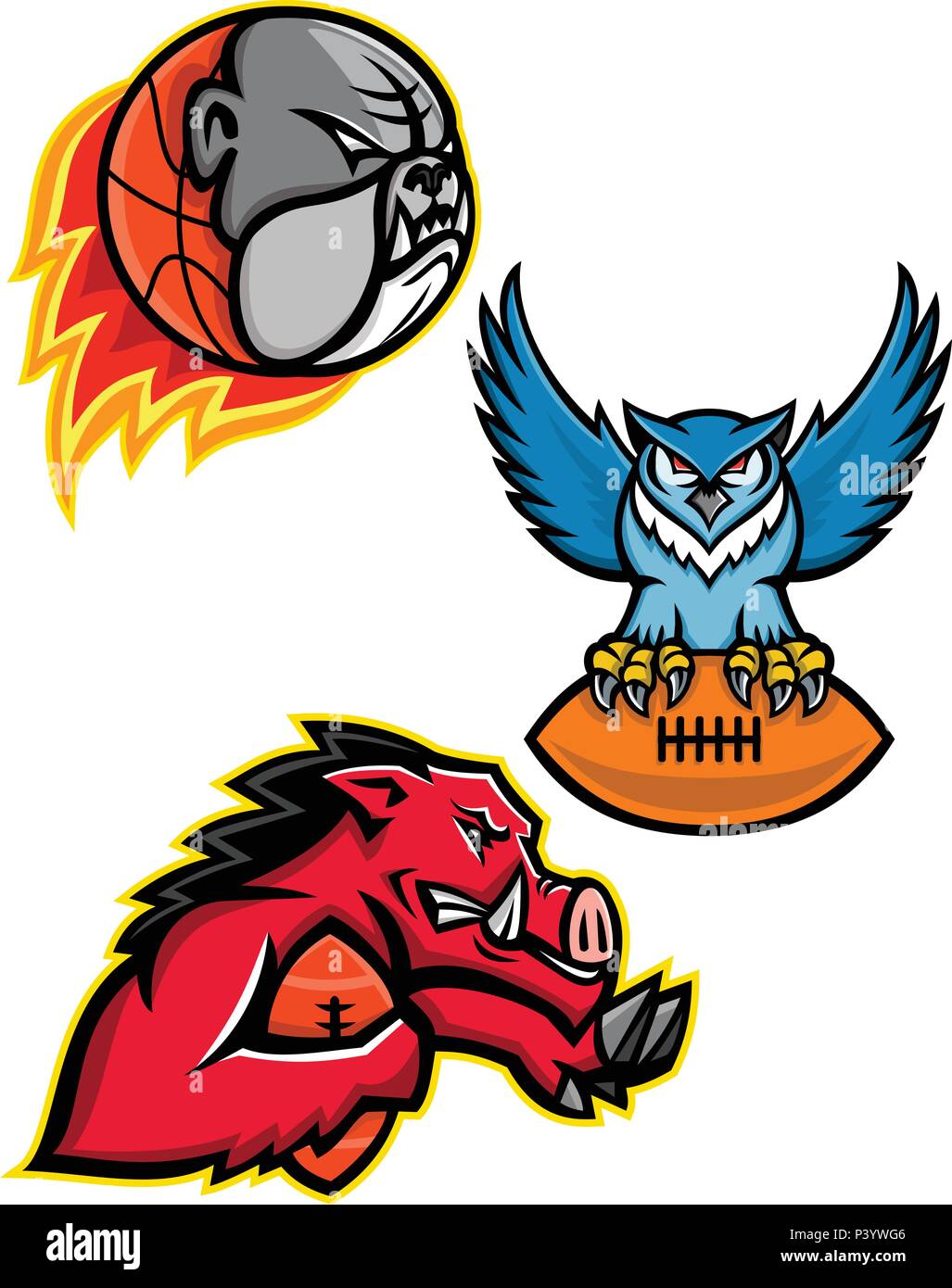 Icono de mascota ilustración juego de fútbol americano y de baloncesto o gridiron mascota deportiva como el bulldog, gran horned owl agarrando la bola y maquinilla de afeitar Ilustración del Vector