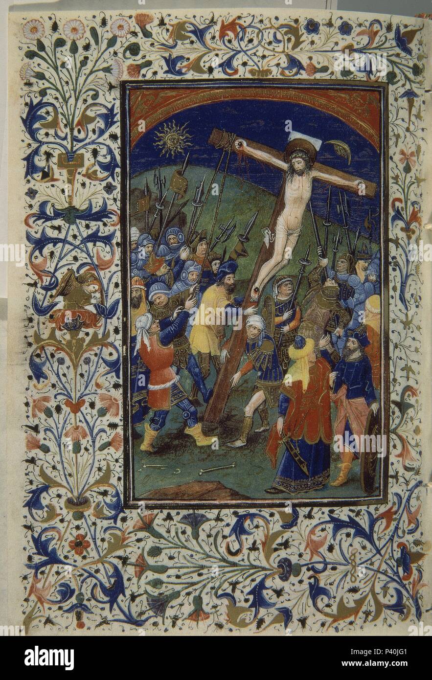 FACSIMIL - LIBRO HORAS DE ISABEL Católica - PASION -LEVANTANDO LA CRUZ - Siglo XV - 21,7x14 cm. Ubicación: PALACIO REAL-biblioteca, Madrid, España. Foto de stock