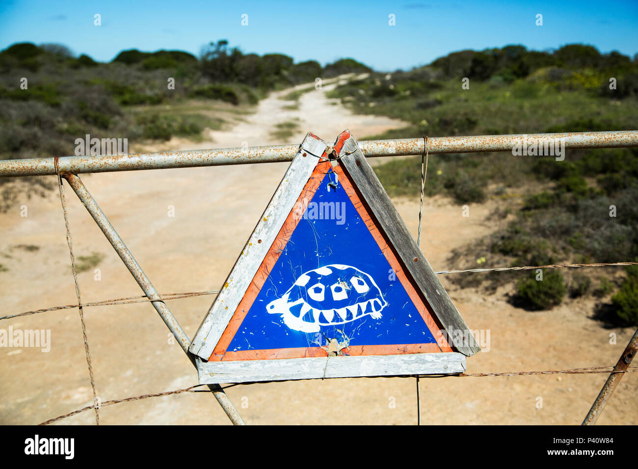 Signo de la tortuga, reserva natural De Mond, Western Cape, Sudáfrica Foto de stock