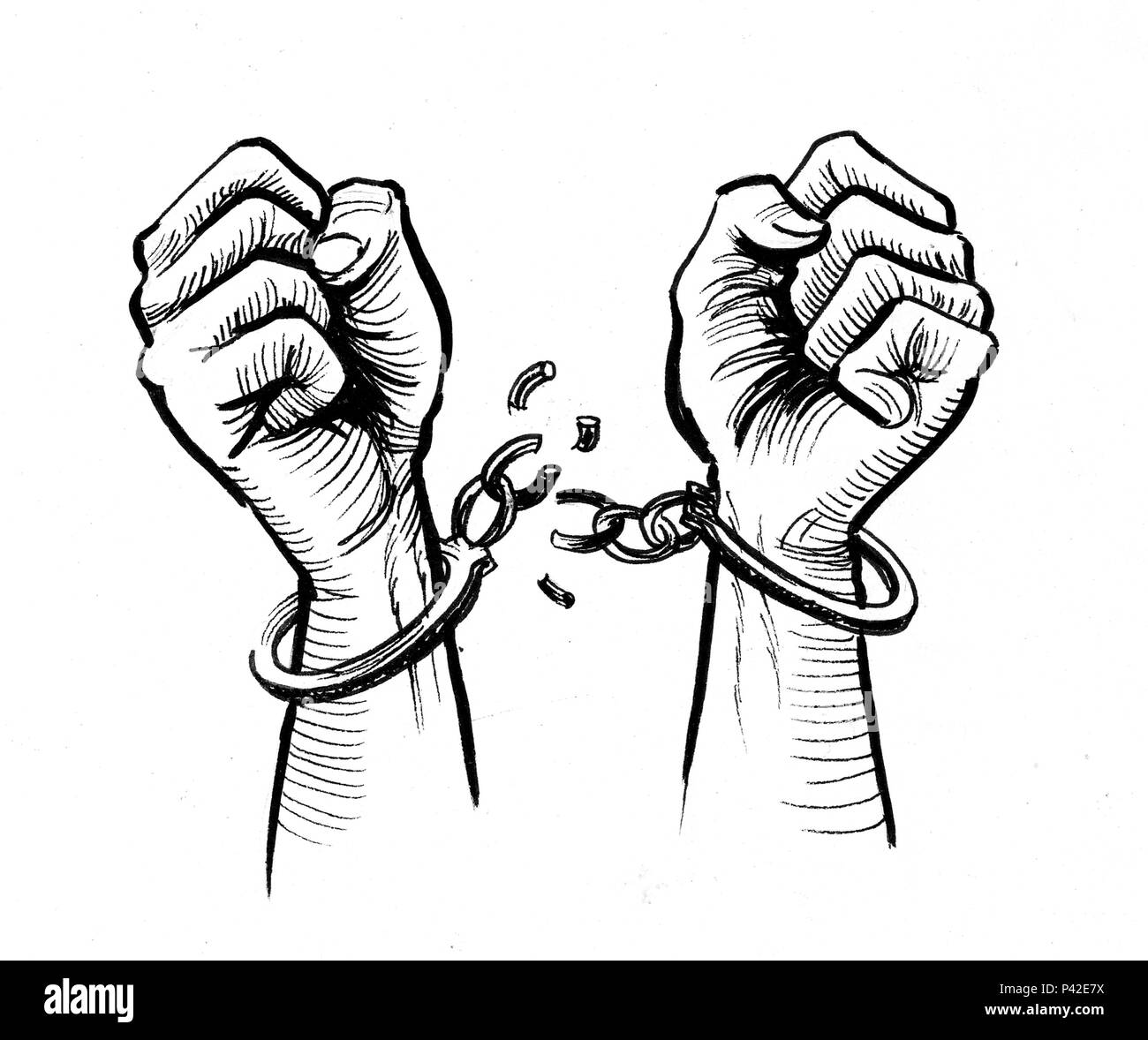 Manos rompiendo las cadenas. Dibujo en blanco y negro de tinta Fotografía  de stock - Alamy