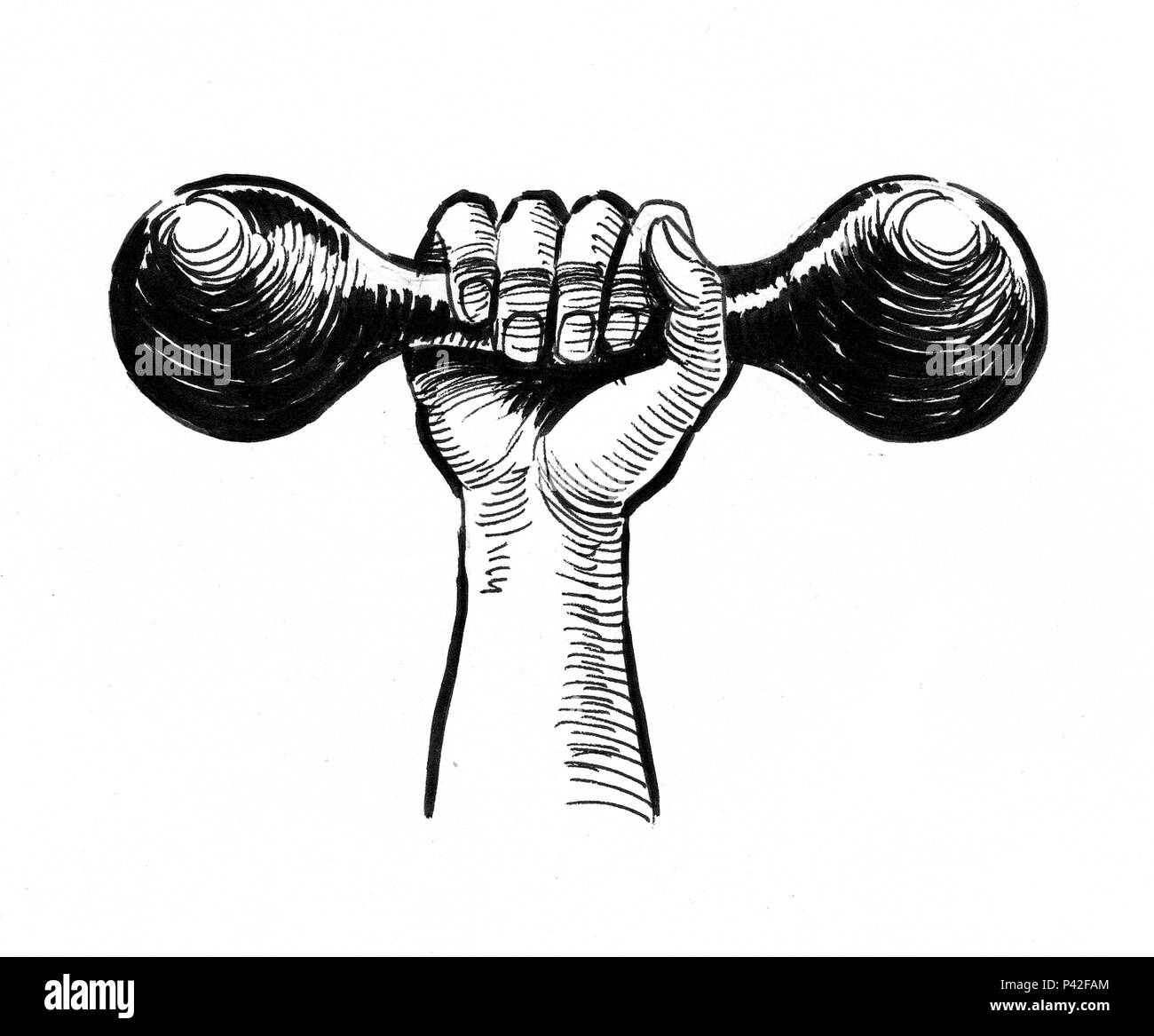Con una pesa de mano. Ilustración en blanco y negro de tinta Fotografía