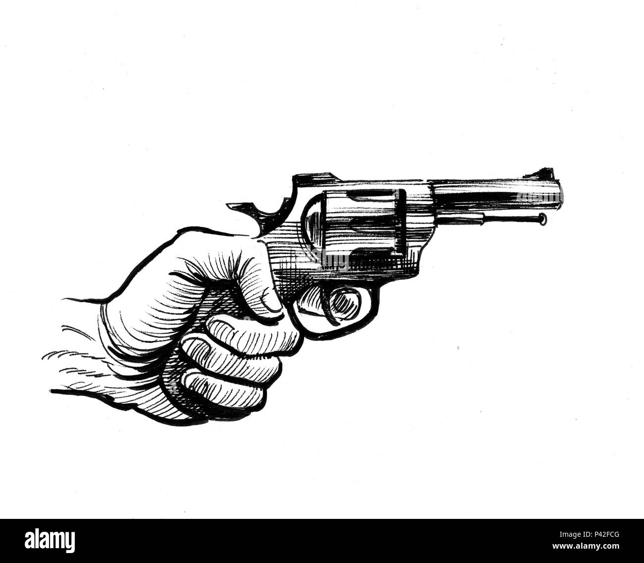 Mano con un revólver pistola. Dibujo en blanco y negro de tinta Fotografía  de stock - Alamy