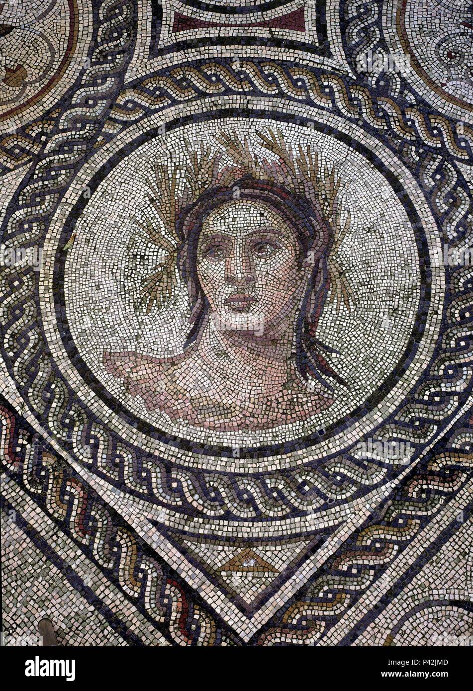 DETALLE DEL MOSAICO DEL DIOS PAN - Siglo II. Lugar: CASA DE LA Condesa de Lebrija, Sevilla, SEVILLA. Foto de stock