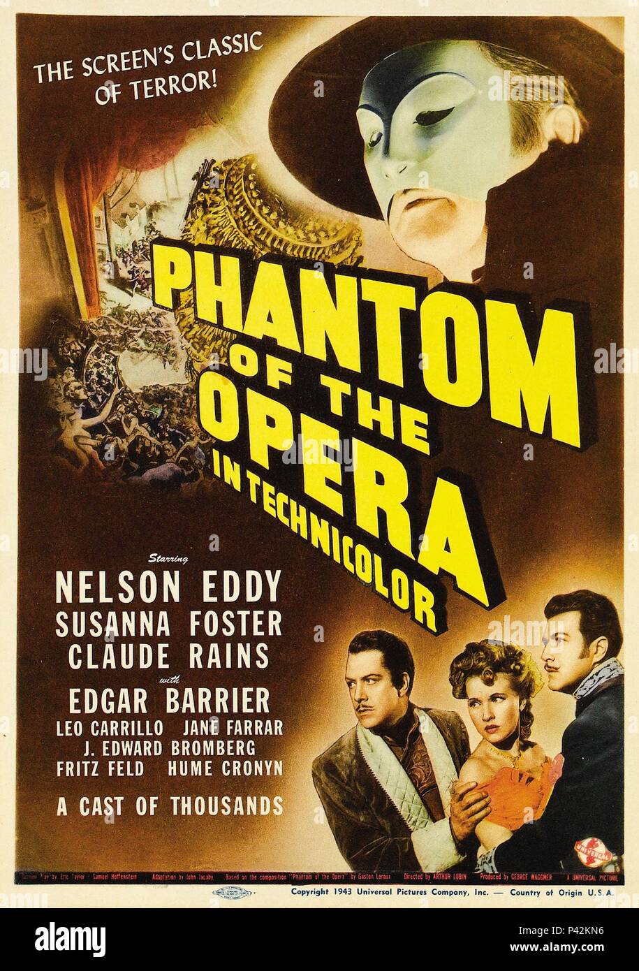 El título de la película original: el fantasma de la Opera. Título en inglés:  el fantasma de la Opera. El director de cine: Arthur Lubin. Año: 1943.  Crédito: Universal Pictures / Álbum