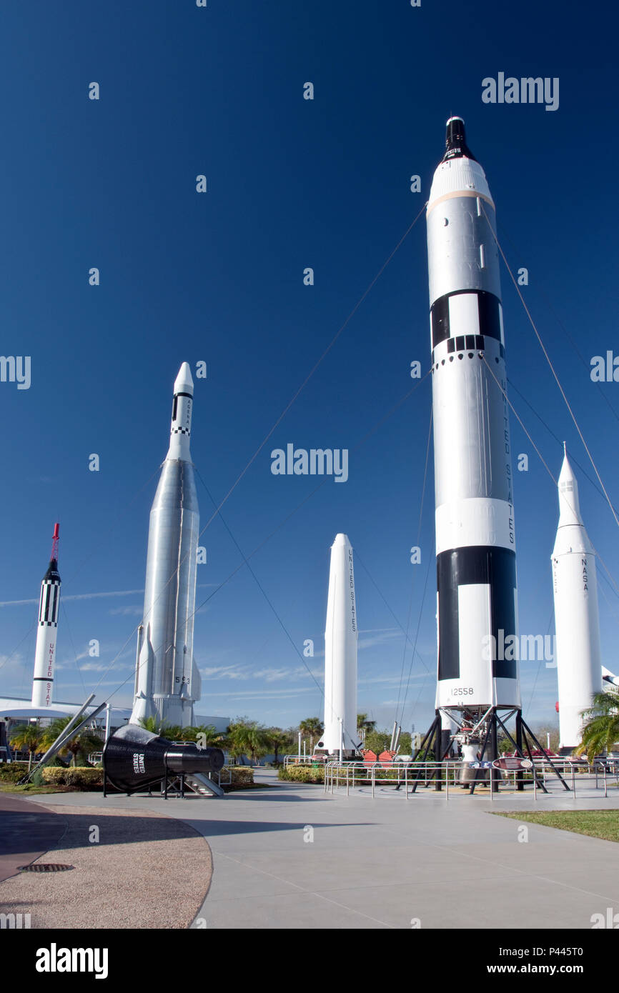 Mercurio y Géminis, 1960, del programa de cohetes en el jardín de cohetes en el complejo de visitas en el Centro Espacial Kennedy, de la NASA, en Florida. Foto de stock