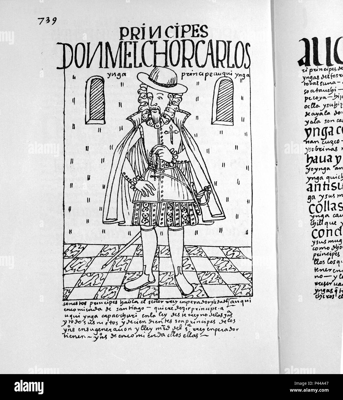 NUEVA CRÓNICA DEL BUEN GOBIERNO-Principe Carlos Melchor (153. Autor: Felipe Guamán Poma de Ayala (c. 1535-c. 1617). Ubicación: BIBLIOTECA NACIONAL-COLECCION, Madrid, España. Foto de stock