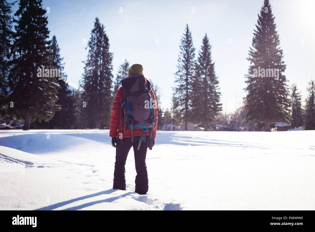 Mujer caminando sobre un paisaje nevado Foto de stock