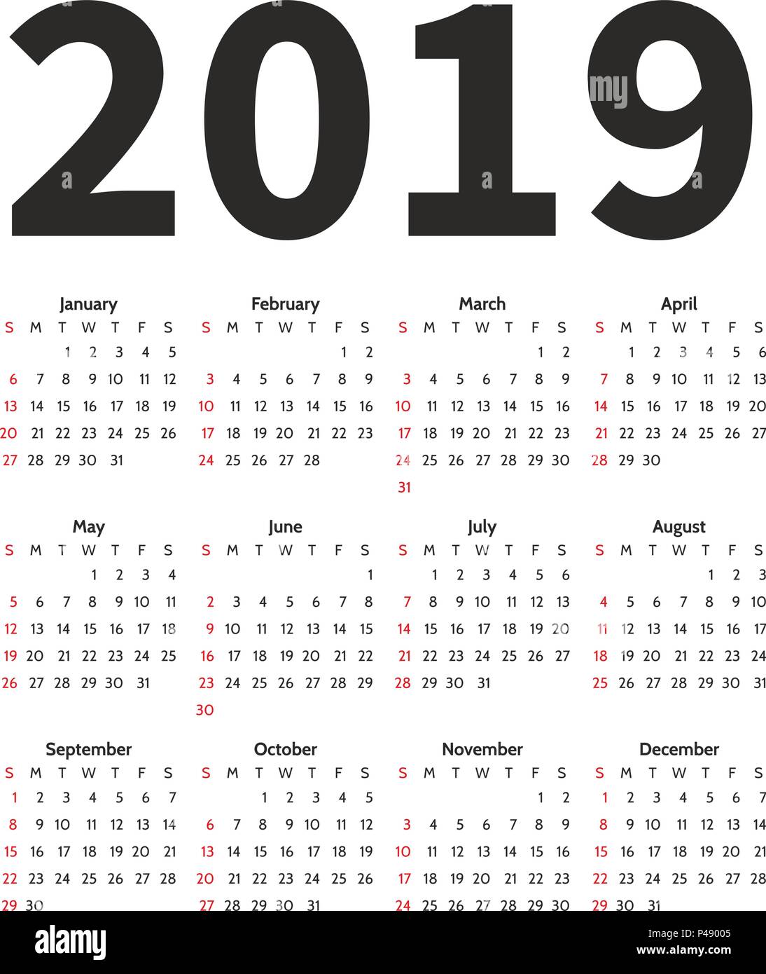Calendario 2019 año de la plantilla de diseño vectorial. Estilo minimalizm  simple. La semana comienza en domingo. Orientación vertical. Conjunto de 12  meses Imagen Vector de stock - Alamy
