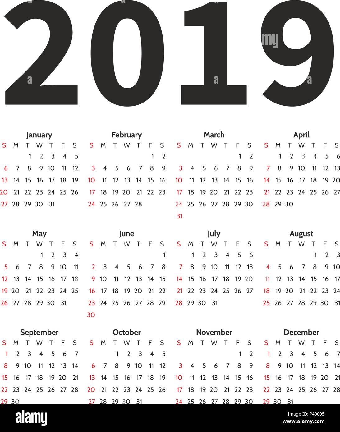 calendario 2019 año de la plantilla de diseño vectorial estilo plantilla calendario 2019