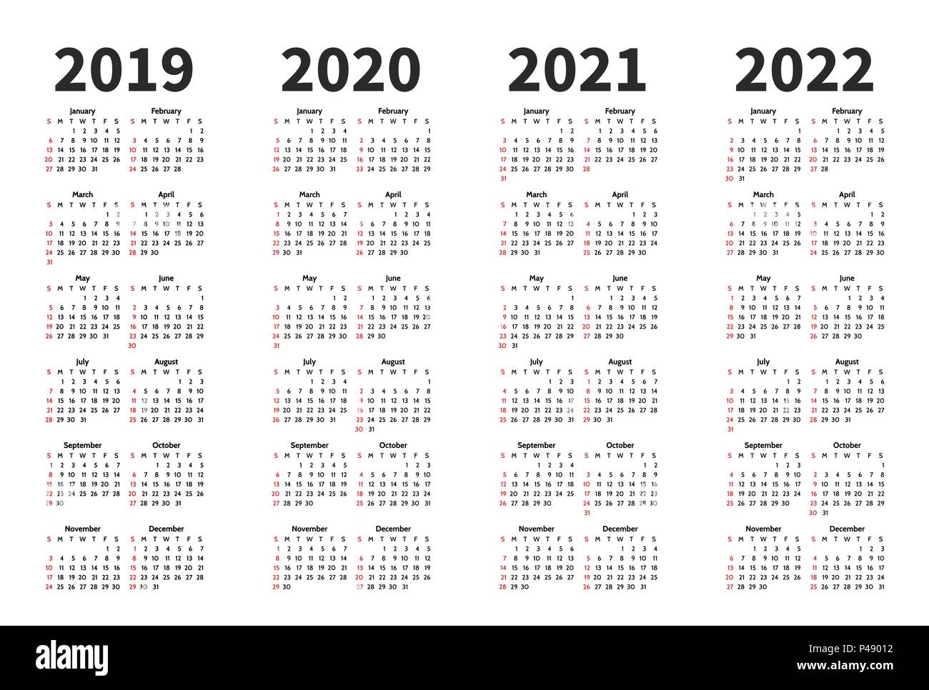 El calendario 2019, 2020, 2021 y 2022 año de la plantilla de diseño  vectorial. Estilo minimalizm simple. La semana comienza en domingo.  Orientación vertical. Conjunto de 12 meses Imagen Vector de stock - Alamy