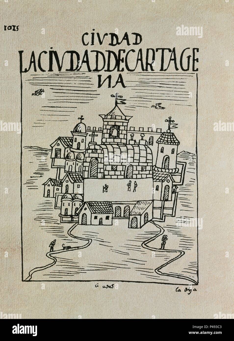 NUEVA CRÓNICA Y BUEN GOBIERNO - 1613/1615 - Manuscrito Indio - CIUDAD DE CARTAGENA. Autor: Felipe Guamán Poma de Ayala (c. 1535-c. 1617). Ubicación: BIBLIOTECA NACIONAL-COLECCION, Madrid, España. Foto de stock