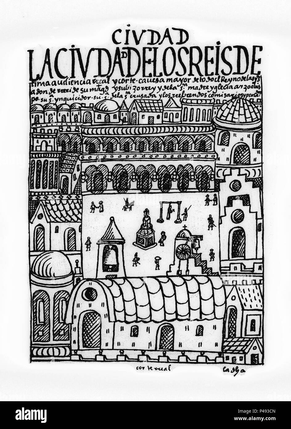 NUEVA CRÓNICA Y BUEN GOBIERNO - CIUDAD DE REYES DE LIMA (1535/1617). Autor: Felipe Guamán Poma de Ayala (c. 1535-c. 1617). Ubicación: BIBLIOTECA NACIONAL-COLECCION, Madrid, España. Foto de stock
