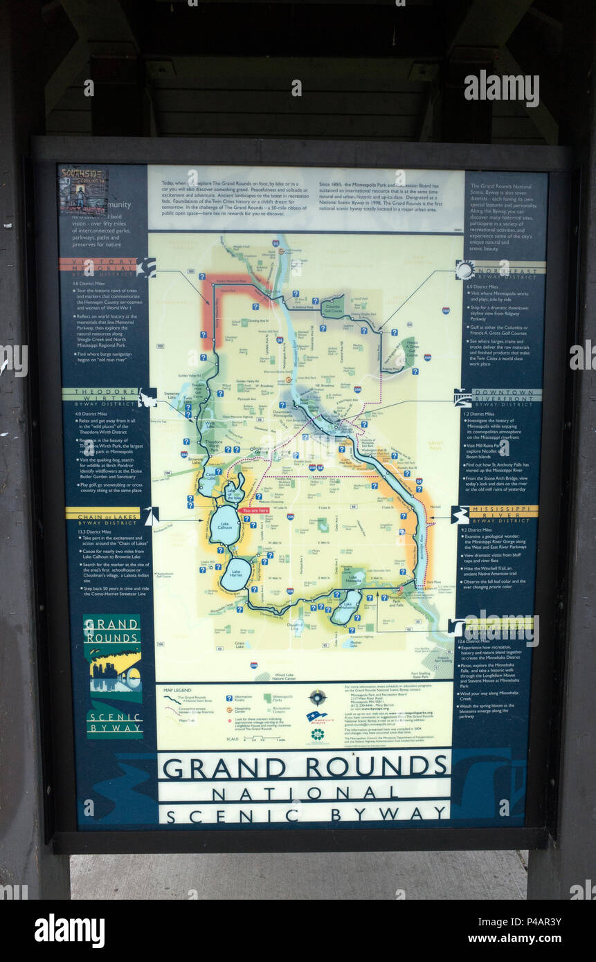 Mapa de Grand National Scenic rondas de desviación, para uso de peatones y bicicletas alrededor de Minneapolis y es el sistema de estacionamiento. MN de Minneapolis, Minnesota, EE.UU. Foto de stock
