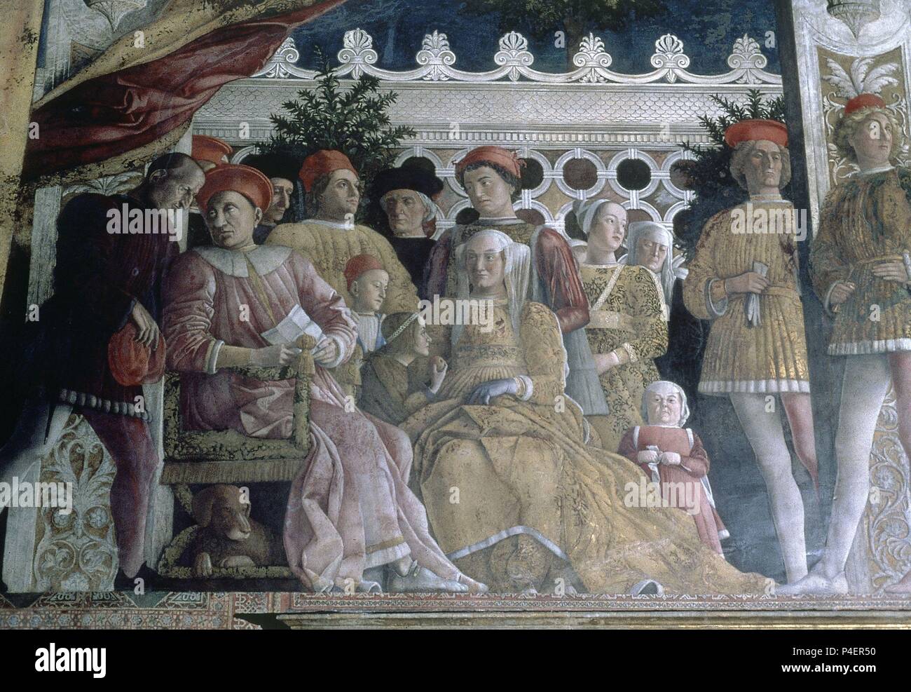 LA FAMILIA GONZAGA Y SU CORTE - 1471-74 - FRESCO DE LA CAMARA DE LOS ESPOSOS  - RESTAURADO - Renacimiento italiano. Autor: Andrea Mantegna (1431-1506).  Ubicación: Palacio Ducal de Mantua Fotografía de stock - Alamy