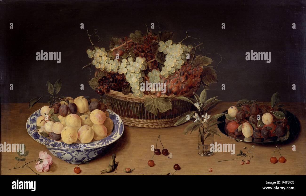 Frutas y Flores - Siglo xvii - oleo sobre lienzo - Barroco flamenco. Autor: Isaac Soreau (1604-c. 1638). Ubicación: MUSEO Petit Palais, Francia. También conocido como: frutas y flores. Foto de stock