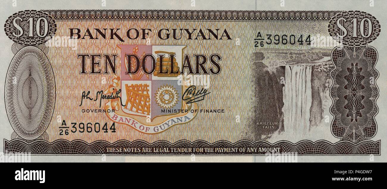 10 DOLARES - BILLETE DE GUYANA, tambien conocida como la Guayana inglesa - 1992 - 155x65 - Anverso CON LAS CATARATAS DE KAIETEUR. Foto de stock