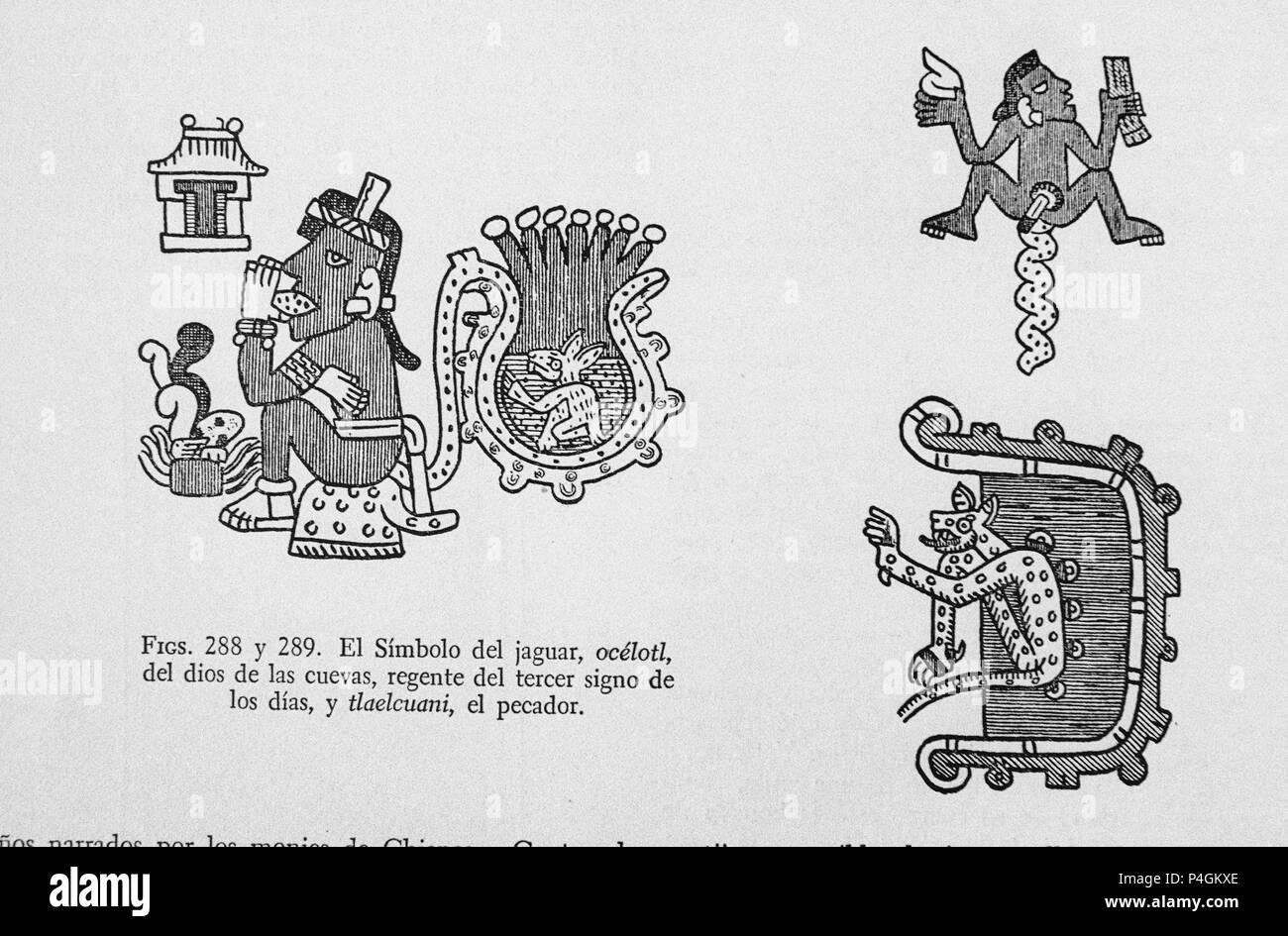 GRABADO - EL SIMBOLO DEL JAGUAR, Ocelotl, EL DIOS DE LAS CUEVAS, REGENTE DEL TERCER SIGNO DE LOS DIAS, Y TLAELCUANI, el pecador. Ubicación: EL INSTITUTO DE COOPERACION IBEROAMERICANA, Madrid, España. Foto de stock