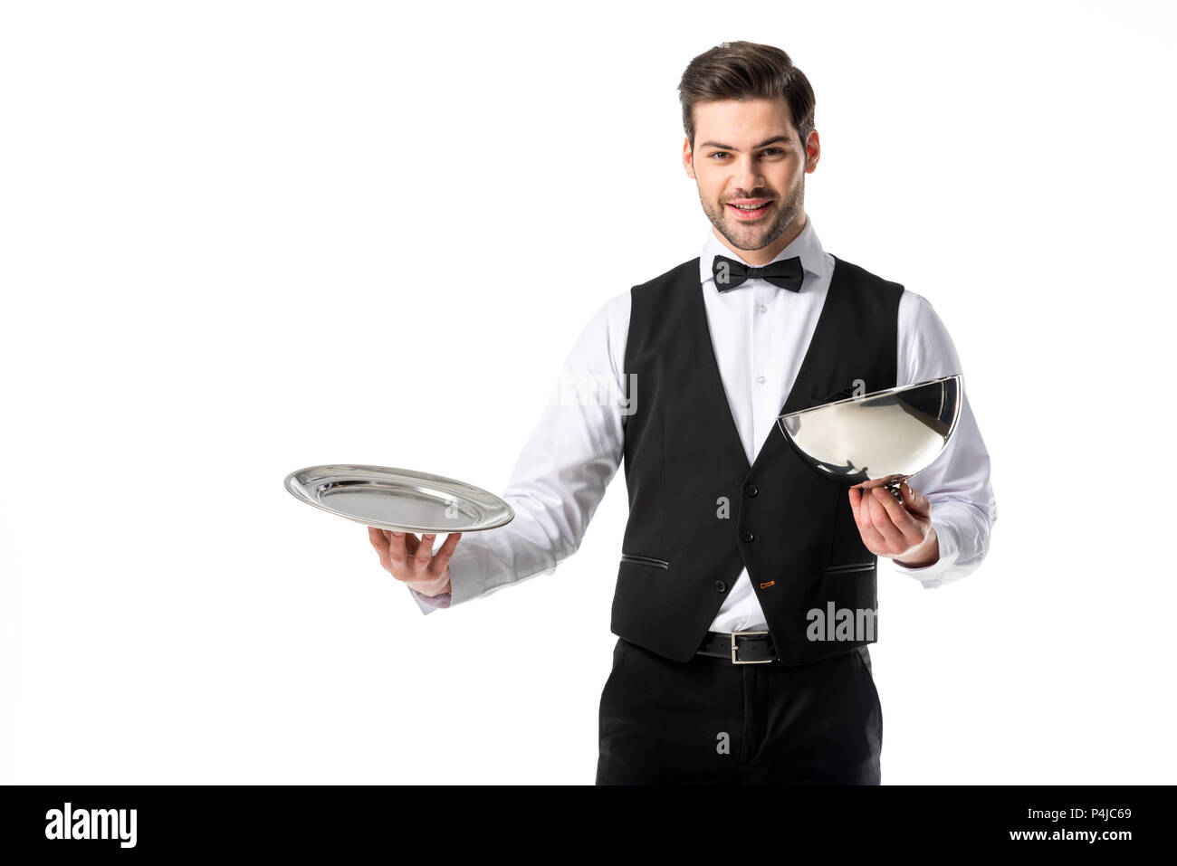 Retrato de guapo mozo barbudo en traje de chaleco con Vaciar bandeja de  servir aislado en blanco Fotografía de stock - Alamy