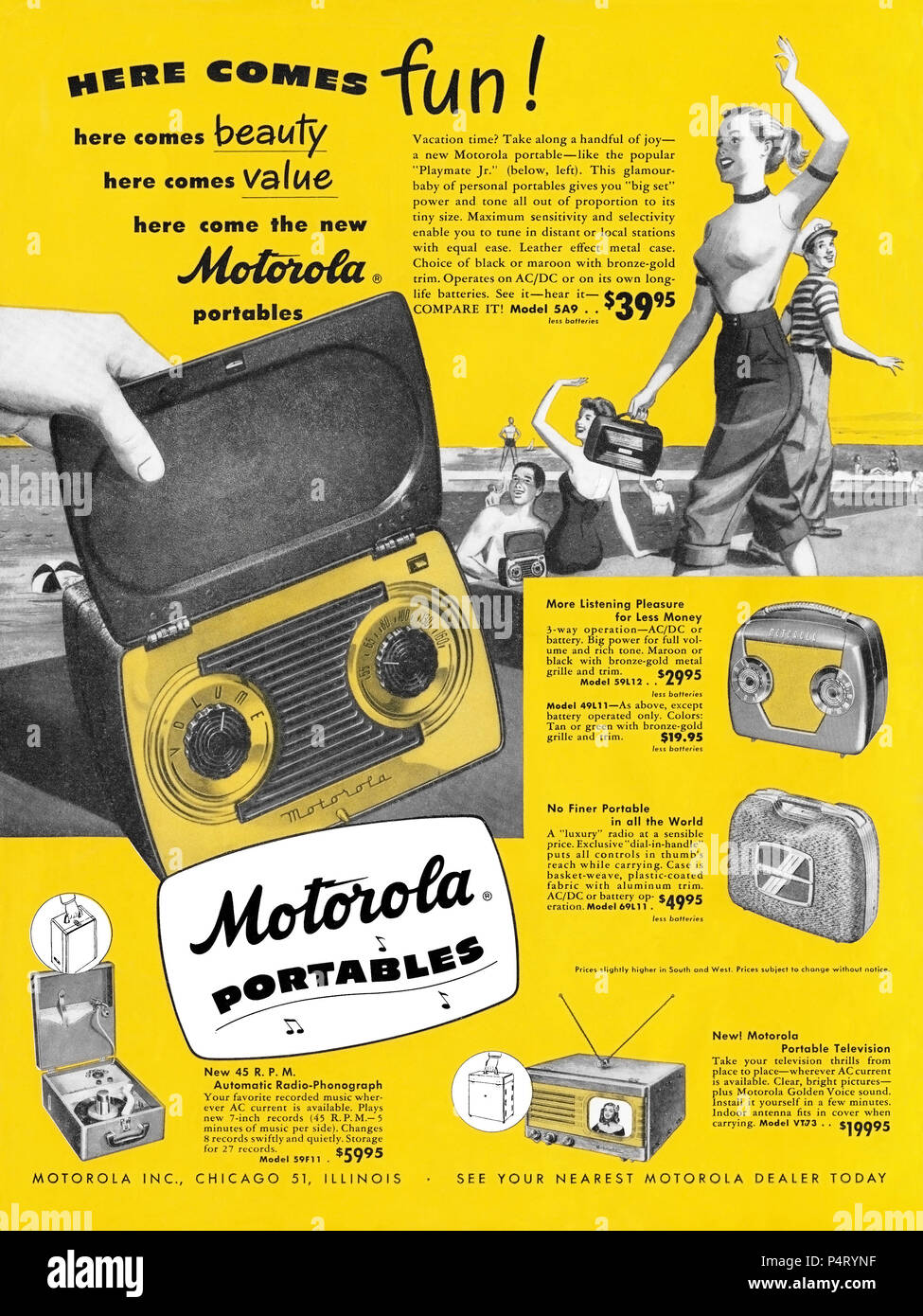 1949 EE.UU. anuncio de radios portátiles Motorola, tocadiscos y televisores  Fotografía de stock - Alamy