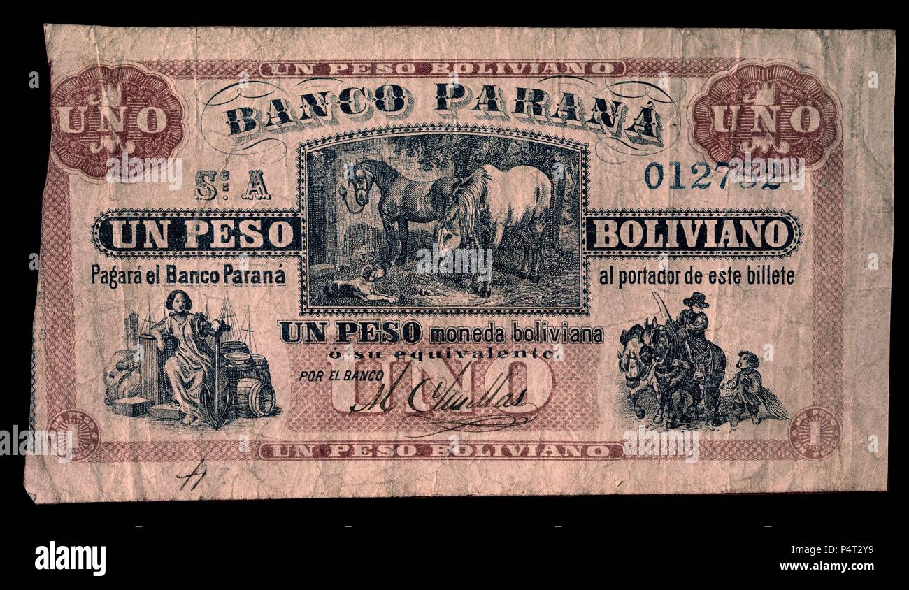 BILLETE DE 1 Pesos Bolivianos - 1867. Ubicación: MUSEO DE  AMÉRICA-COLECCION, Madrid, España Fotografía de stock - Alamy