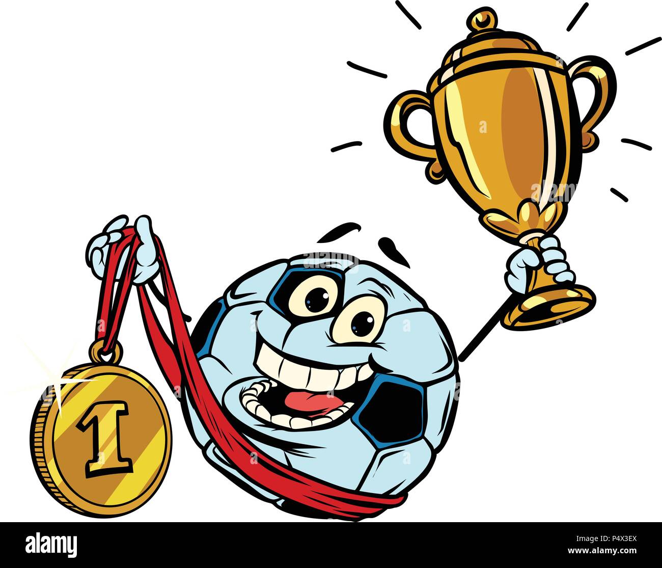 Primer lugar medalla de oro. Balón de fútbol soccer de carácter aislado. Ilustración del Vector