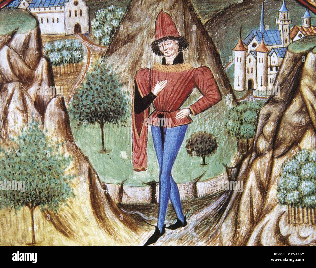 La sociedad medieval. 'JOVEN CABALLERO AFAMADO EN EL AMOR Y EN LA GUERRA". Miniatura del 'Libro de las Cien Baladas", fechado en el siglo XV. Castillo de Chantilly. Francia. Foto de stock