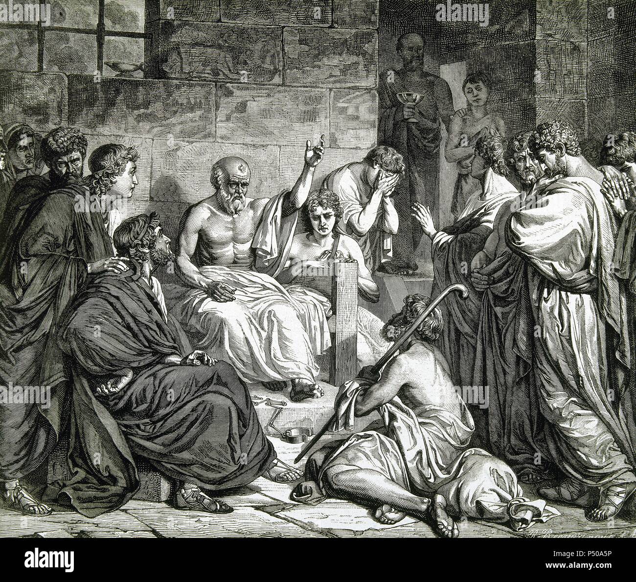 Sócrates (Alopeke, Atica, h.470-Atenas,399 a.C.). Filósofo griego. Fue  acusado de corromper a la juventud, siendo condenado a muerte por la Heliza  (tribunal popular de Atenas). 'Muerte de SÓCRATES EN LA PRISIÓN". Grabado