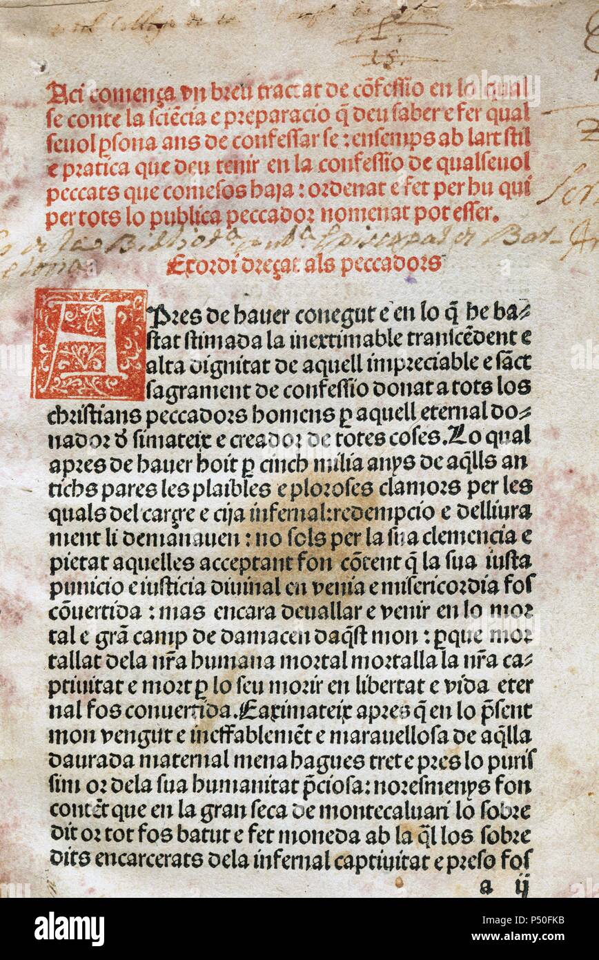 Breve tratado de la confesión. Siglo 15. Incunables en catalán. Valencia, 1493. Escritura gótica. Foto de stock
