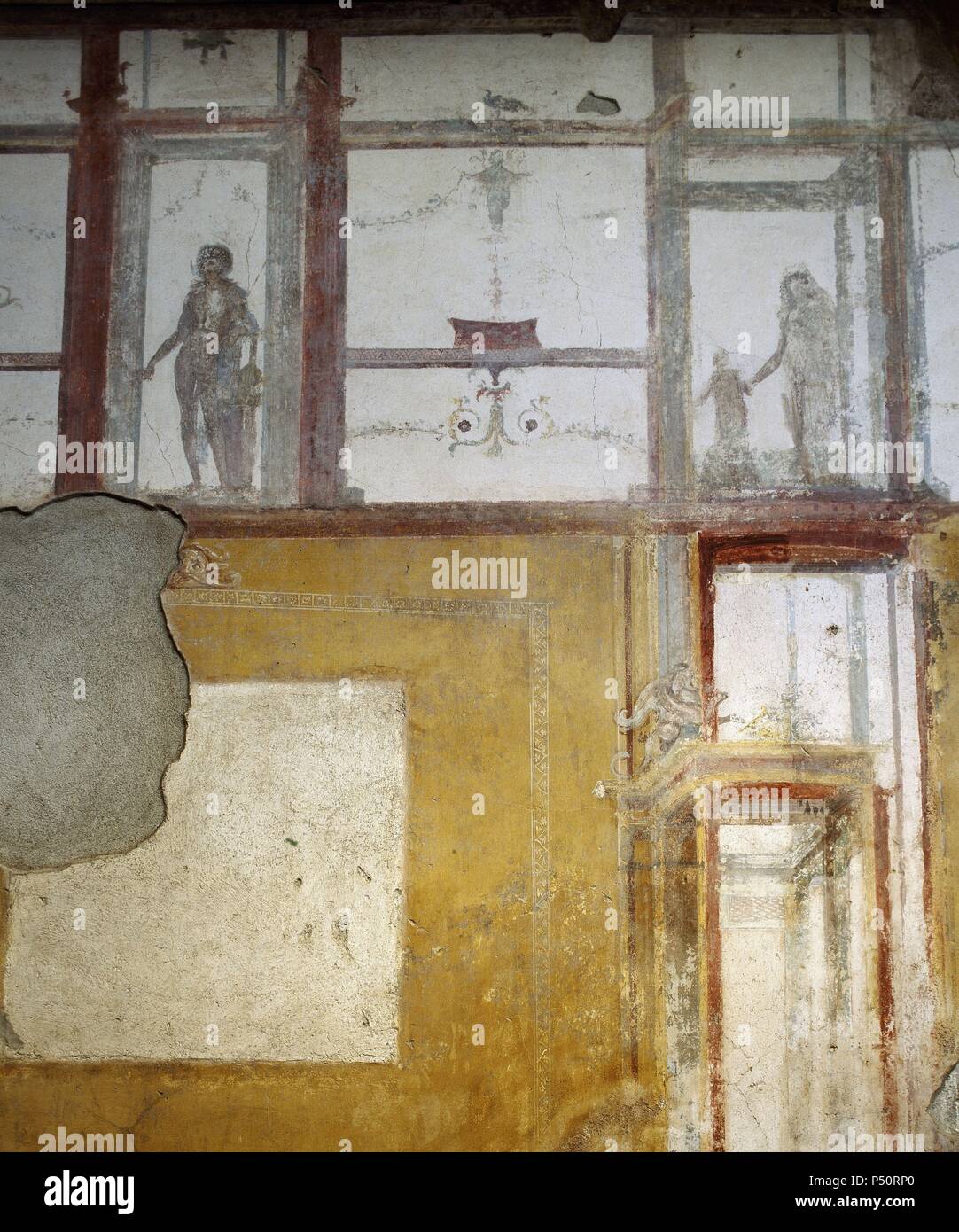 Pompeya. Casa del Lararium de Aquiles o casa de Ilion Santuario. Habitación 4. Pared Sur. Pinturas. La región de Campania, Italia. Foto de stock