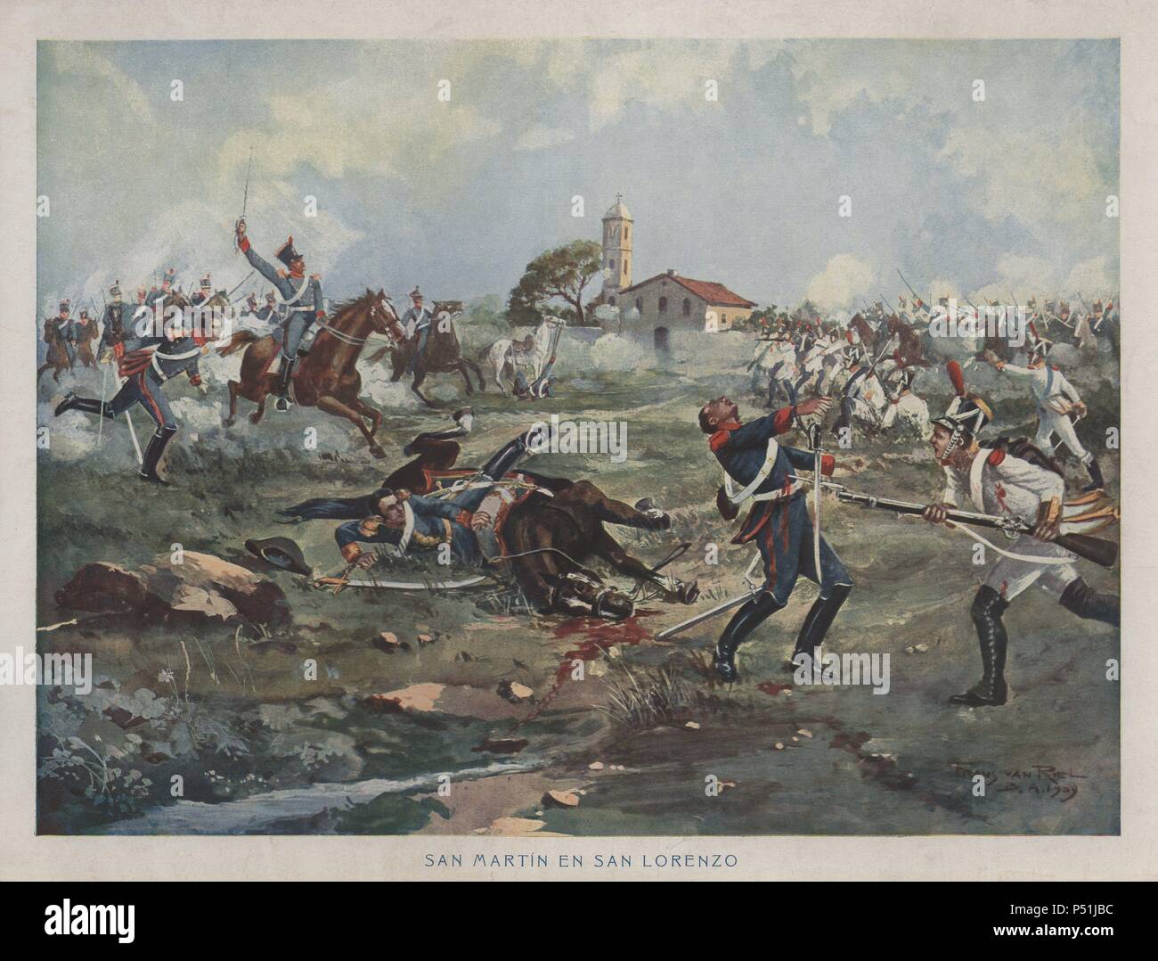Argentina, el combate de San Lorenzo, el 23 de febrero de 1813. El general San Martín (Río de la Plata, 1778-Boulogne-sur-Mer, 1850) cae del caballo siendo salvado por el sargento Cabral. Dibujo de Franz Van Riel, Buenos Aires, 1909. Foto de stock