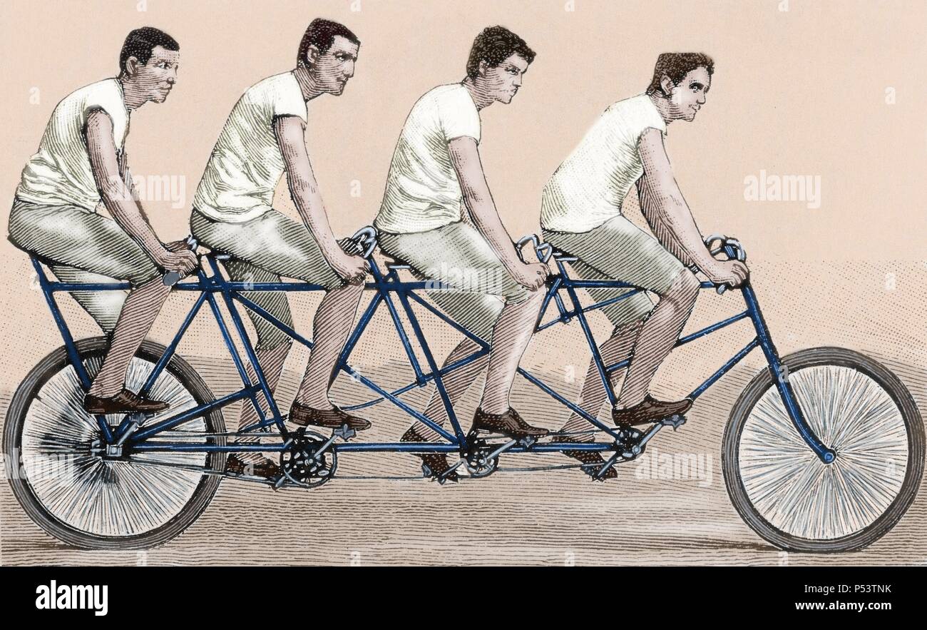 Bicicleta tándem. Grabado del siglo xix Fotografía de stock - Alamy