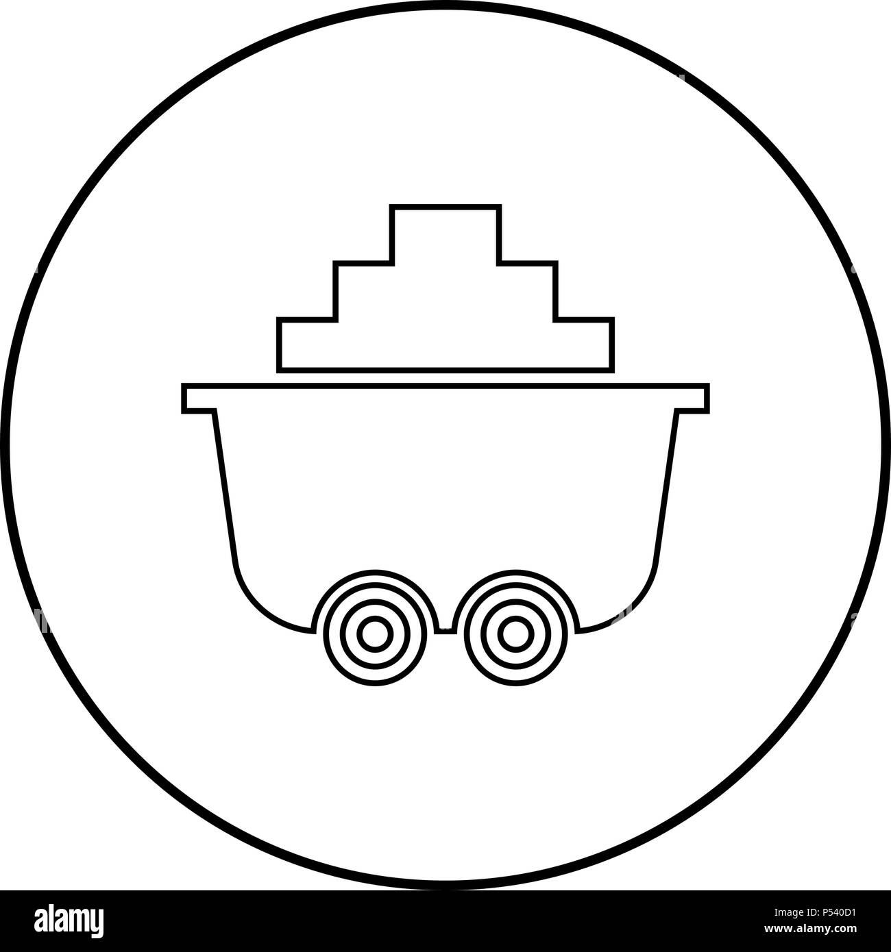Carrito de mina de carbón o trolley de color negro en el icono de círculo esbozo Ilustración del Vector