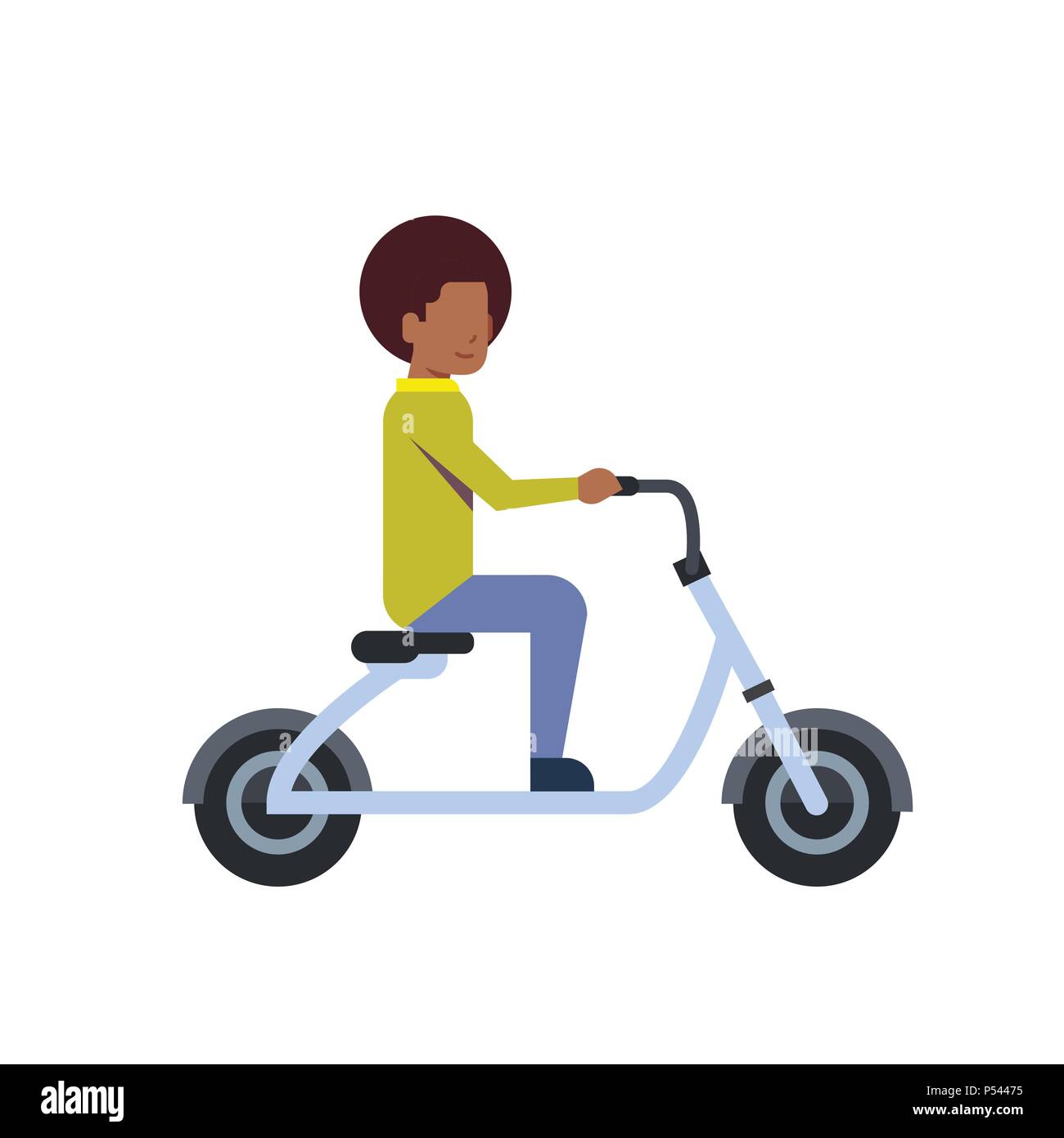 Niño africano caballo scooter eléctrico sobre fondo blanco. Bicicleta  eléctrica concepto. caracteres de longitud completa de dibujos animados  estilo plano Imagen Vector de stock - Alamy