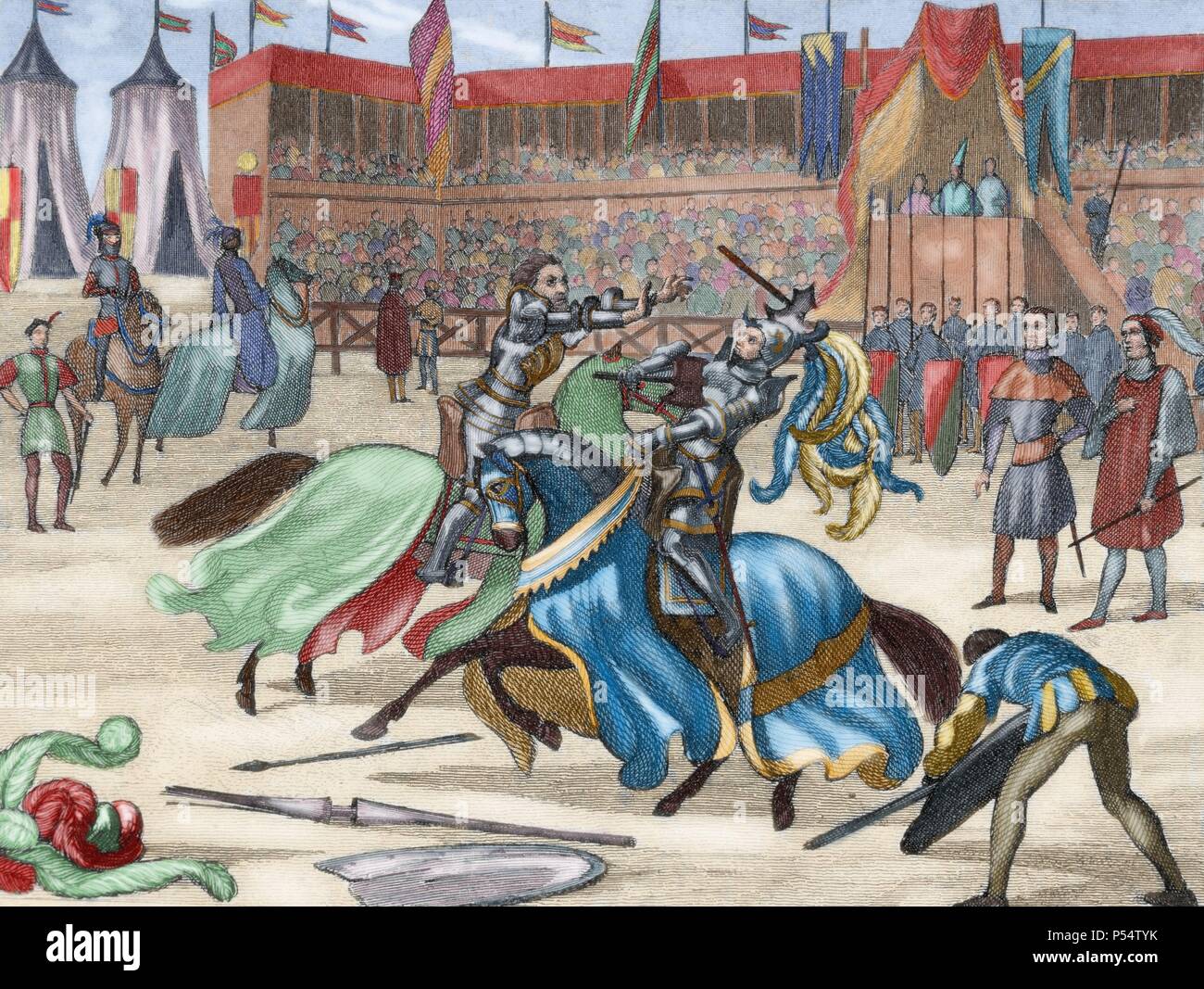 Torneo medieval. Grabado en color. Siglo xix. Foto de stock