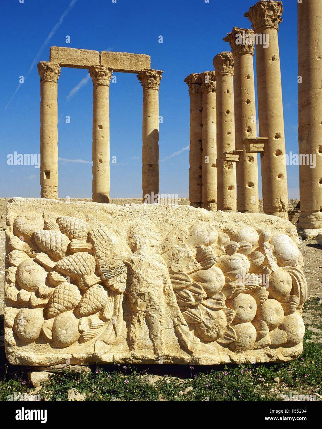 ARTE ROMANO. Sudán. PALMIRA. Antigua ciudad, documentada ya en el II milenio. Vivió su periodo de máximo esplendor comercial bajo dominación romana (s. I-III d. C.). TEMPLO DE BEL (BAAL), dios supremo de los palmirinos, equivalente babilónica del Zeus helénico. Detalle escultórico de uno de los bajorrelieves que decoraban el templo. (Oasis de Tadmor) . Foto de stock